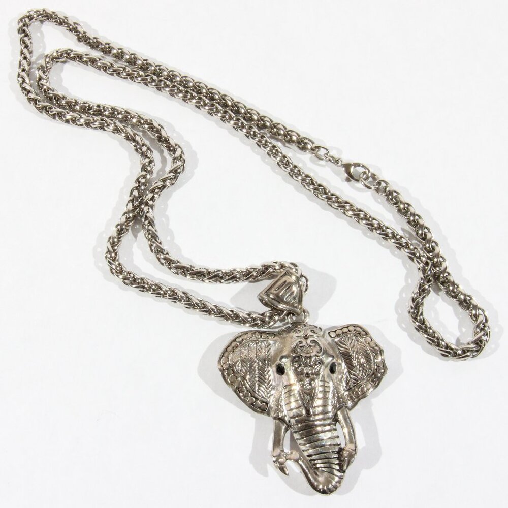 Vintage Silver Tone Necklace with Elephant Pendant with Black Rhinestone Eyes